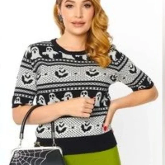 NWT Unique Vintage Black Black & Grey Ghost Delight Fair Isle Knit Top 3x - Picture 1 of 9